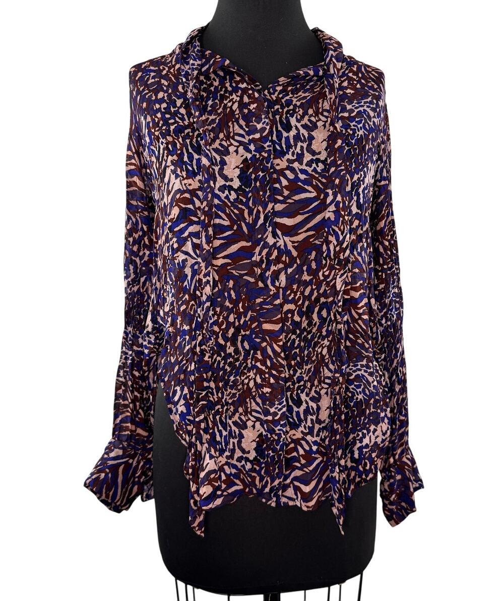 REISS Tora Multi Blouse Animal Print Tie-Neck Drop Shoulder Front Button Size 4